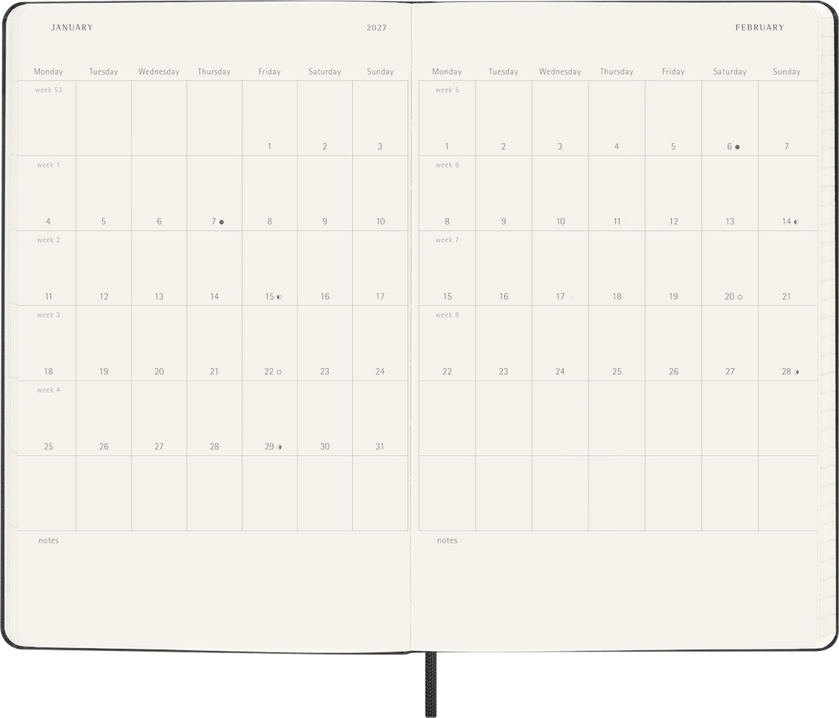 Moleskine 18-Month Daily Planner 2026–2027, Hard Cover — Large, Black, detail view 2