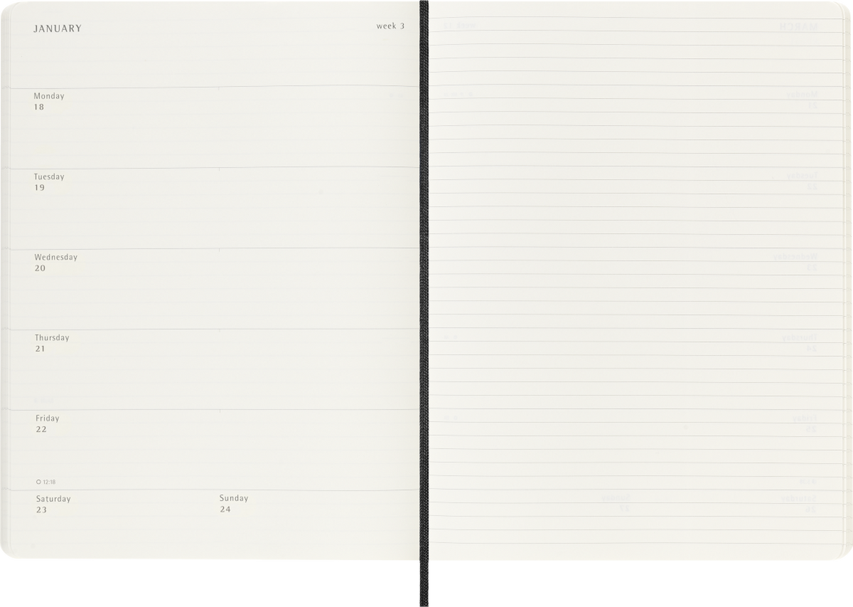 Moleskine 18-Month Weekly Planner 2026–2027, Soft Cover — XL, Black, detail view