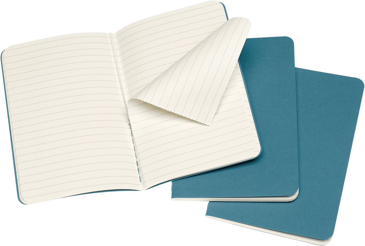 Moleskine Cahier Journal 3-Pack, Pocket, Ruled — Brisk Blue, open interior view