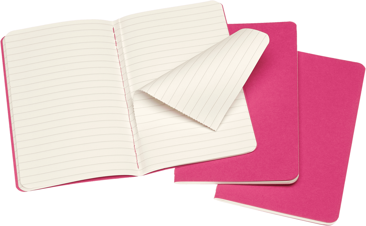 Moleskine Cahier Journal 3-Pack, Pocket, Ruled — Kinetic Pink, open interior view