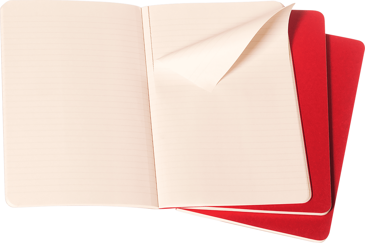 Moleskine Cahier Journal 3-Pack, Pocket, Ruled — Cranberry Red, open interior view