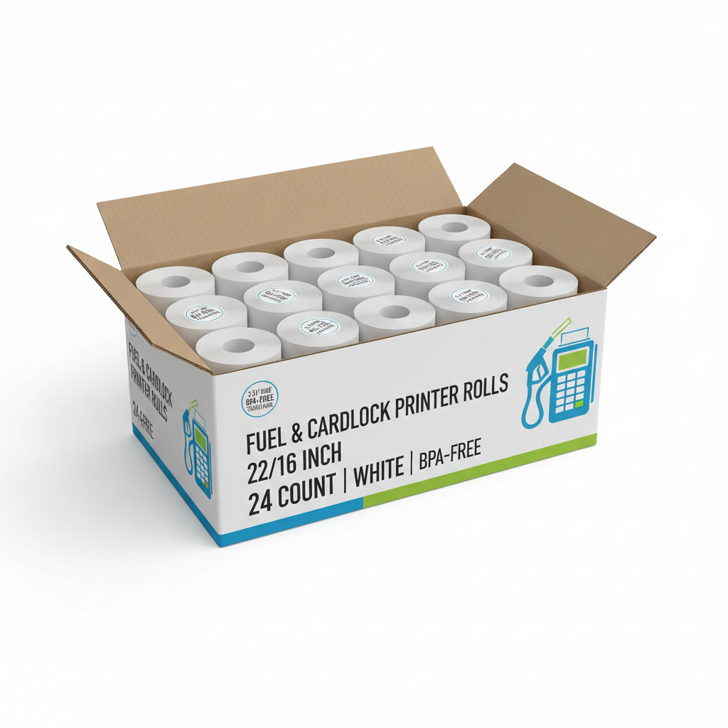 Box of 24 BPA-free thermal paper rolls for gas pump and cardlock printers, 2-5/16 inch width