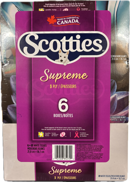 Scottie Facial Tissue 6 boxes, 81 sheets per box.