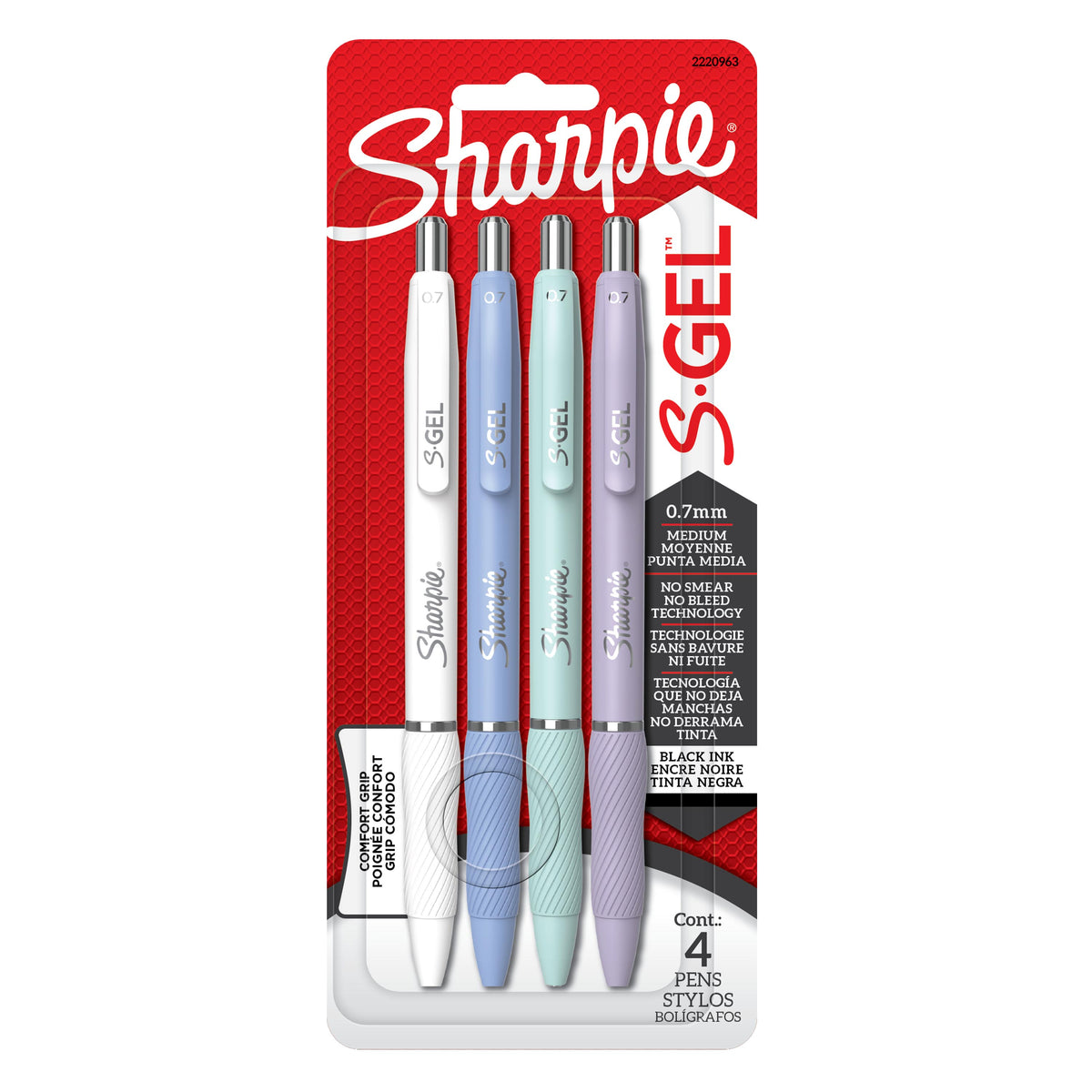 Sharpie S-Gel gel pens 4-pack, assorted soft colour barrels, black ink, 0.7 mm