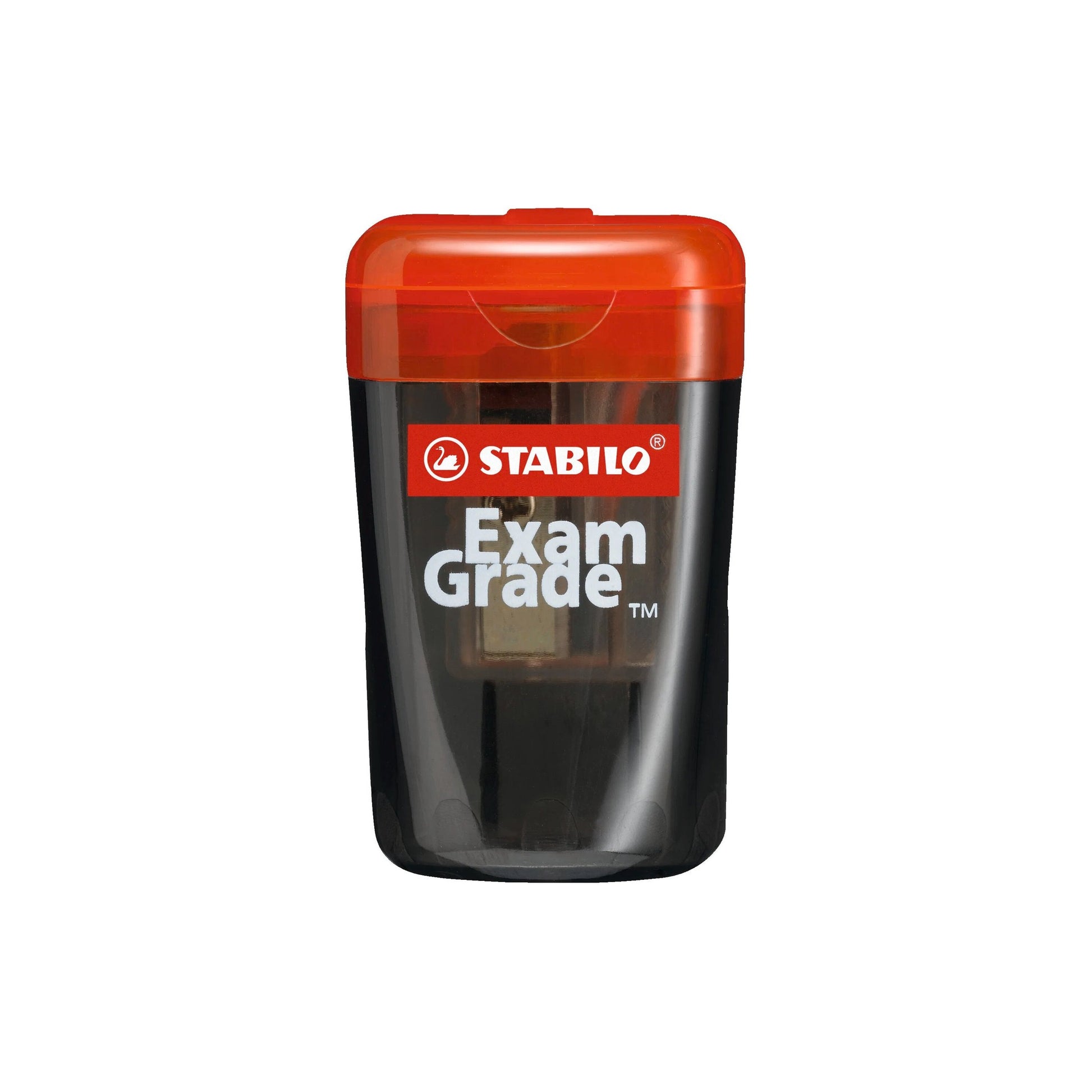 Stabilo Exam Grade single-hole pencil sharpener with red lid and black shavings canister