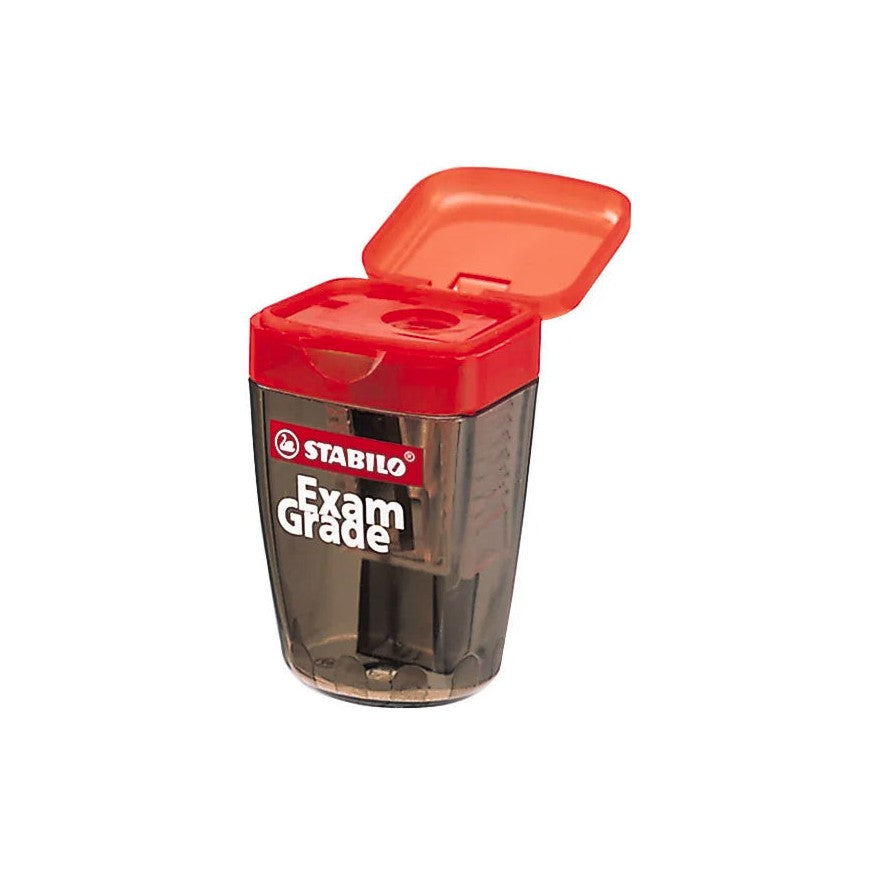 Stabilo Exam Grade pencil sharpener shown with the lid open