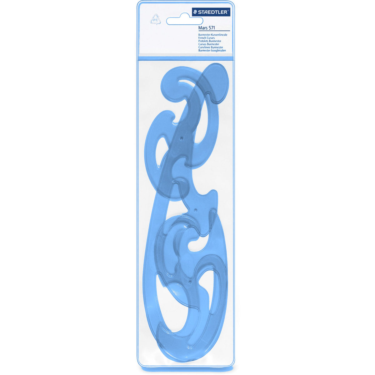 Staedtler Mars 571 Burmester french curve set of 3 in clear blue tinted plastic, in retail packaging