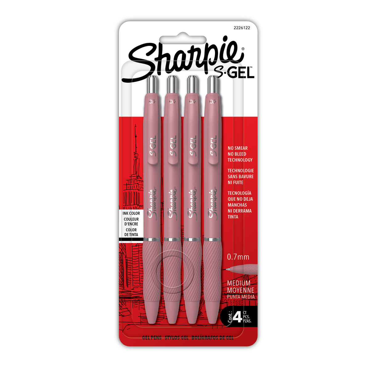 Sharpie S-Gel gel pens 4-pack, Bold Blush barrel, black ink, 0.7 mm